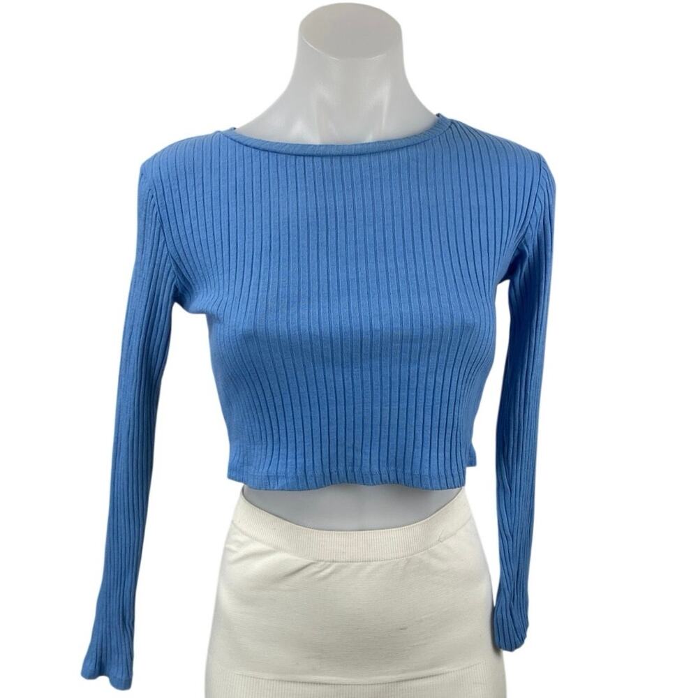 Zara Women's Blue Ribbed Knit Boat Neck Long Sleeve Crop Basic Tee T-Shirt Top S